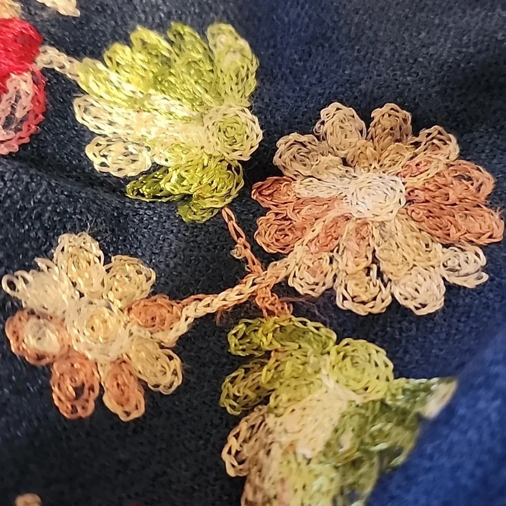New Unbranded Navy Blue Embroidered Floral Fringe Shawl Wrap Scarf